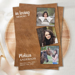 Vintage Leather Memorial Sympathy 3 Photo Funeral Thank You Card