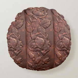 Vintage leather rose look round pillow