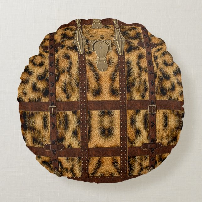 Vintage Leather Tribal Leopard Animal Print Round Pillow (Front)
