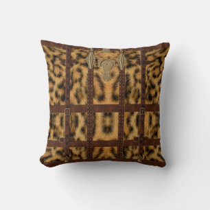 Vintage Leather Tribal Leopard Animal Print Throw Pillow