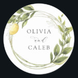 Vintage Lemon and Greenery Wedding  Classic Round Sticker<br><div class="desc">Seal your invitation envelopes or favors with these adorable stickers. Featuring your names framed by a watercolor wreath of lemons and greenery. Coordinates with the Lemon Branch collection found in the Adore Paper Co. Zazzle Shop.</div>