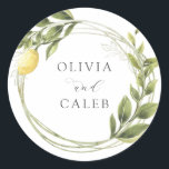 Vintage Lemon and Greenery Wedding  Classic Round Sticker<br><div class="desc">Seal your invitation envelopes or favors with these adorable stickers. Featuring your names framed by a watercolor wreath of lemons and greenery. Coordinates with the Lemon Branch collection found in the Adore Paper Co. Zazzle Shop.</div>