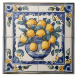 Vintage Lemon Art Traditional Blue & Yellow Lemons Ceramic Tile<br><div class="desc">summery sicilian ceramic tile, italian hand painted pattern, mediterranean majolica portuguese design, dark green and white, navy green yellow lemons, fresh summer citrus art, bold vibrant fun portugal, authentic classic traditional painting, rustic countryside farm vacation, swirling lemon swirls</div>