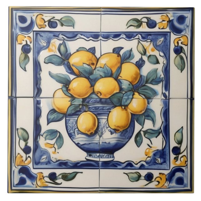 Vintage Lemon Art Traditional Blue & Yellow Lemons Ceramic Tile (Front)