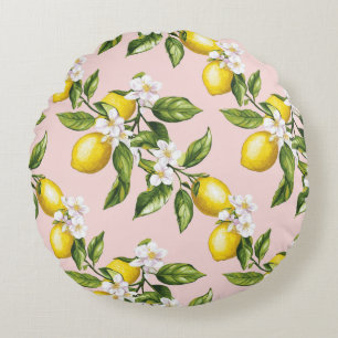 Vintage Lemon & Blossom Pattern on Pink (2) Round Pillow