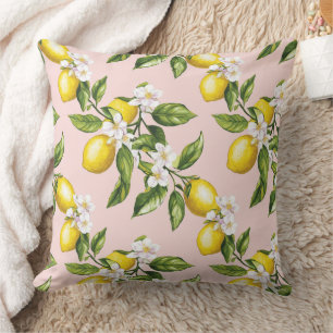 Vintage Lemon & Blossom Pattern on Pink (2) Throw Pillow