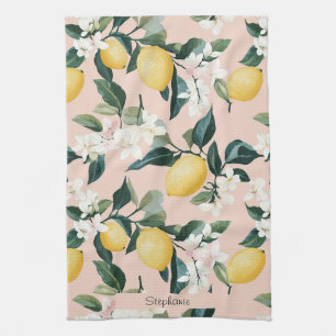Vintage Lemon & Blossom Pattern on Pink Kitchen Towel