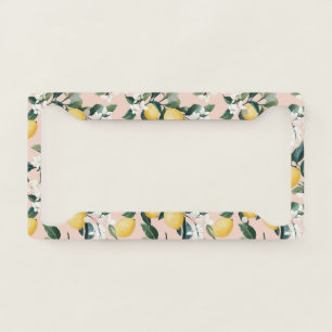 Vintage Lemon & Blossom Pattern on Pink License Plate Frame