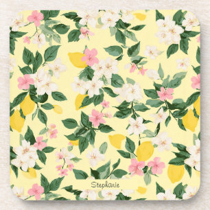 Vintage Lemon & Blossom Pattern on Yellow Beverage Coaster