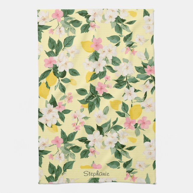 Vintage Lemon & Blossom Pattern on Yellow Kitchen Towel (Vertical)