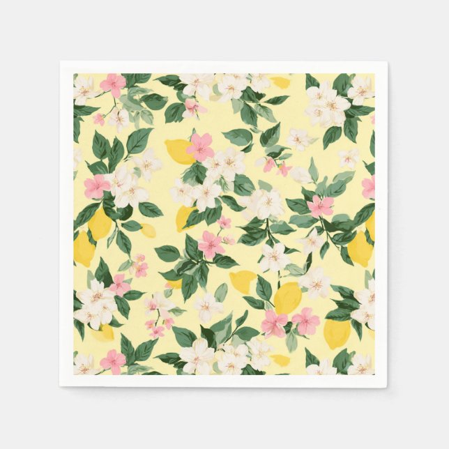 Vintage Lemon & Blossom Pattern on Yellow Napkins (Front)