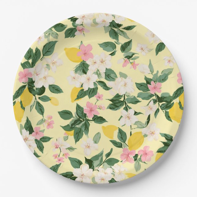 Vintage Lemon & Blossom Pattern on Yellow Paper Plates (Front)