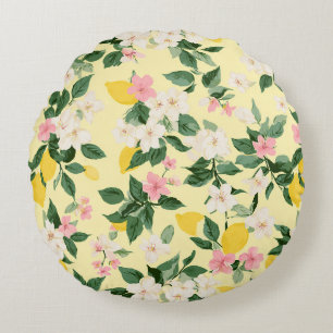 Vintage Lemon & Blossom Pattern on Yellow Round Pillow