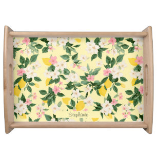 Vintage Lemon & Blossom Pattern on Yellow Serving Tray
