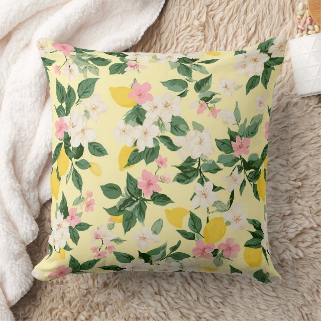 Vintage Lemon & Blossom Pattern on Yellow Throw Pillow (Blanket)