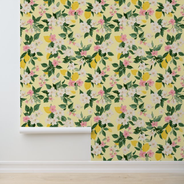Vintage Lemon & Blossom Pattern on Yellow Wallpaper (Application)