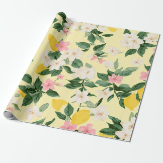 Vintage Lemon & Blossom Pattern on Yellow Wrapping Paper