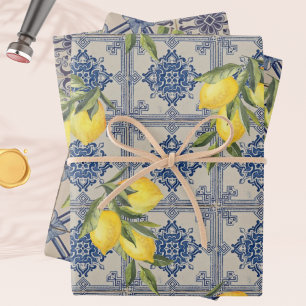 Vintage Lemon Blue Portuguese Tile Mediterranean Wrapping Paper Sheets