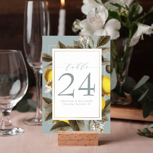 Vintage Lemon Botanical Wedding Dusty Blue Table Number