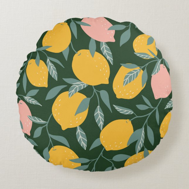 Vintage Lemon Fruit Seamless Pattern Round Pillow (Front)