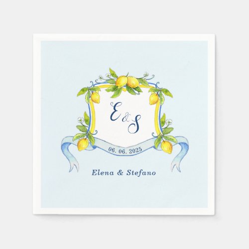 Vintage Lemon monogram Crest Blue wedding  Napkins
