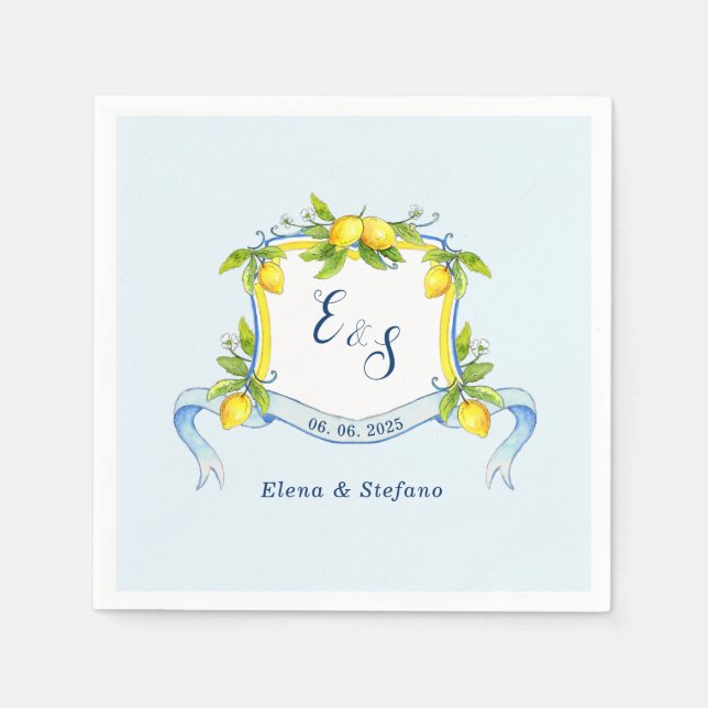 Vintage Lemon monogram Crest Blue wedding  Napkins (Front)
