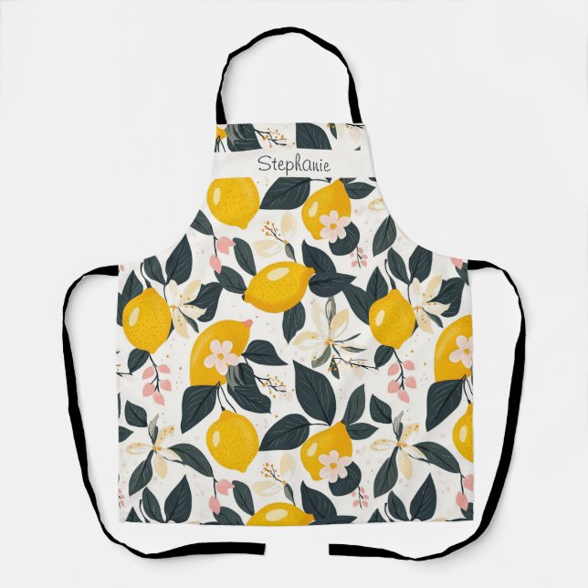 Vintage Lemon & Pink Blossom Pattern Apron (Front)