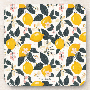 Vintage Lemon & Pink Blossom Pattern Beverage Coaster