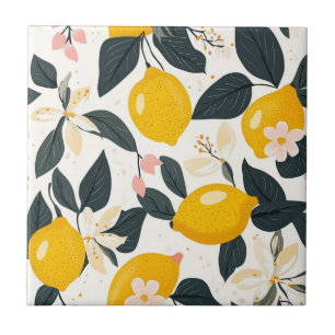 Vintage Lemon & Pink Blossom Pattern Ceramic Tile