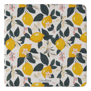Vintage Lemon & Pink Blossom Pattern Trivet