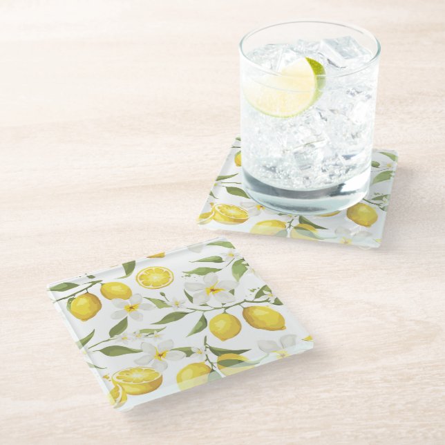 Vintage Lemon Tree Pattern Glass Coaster (Angled)