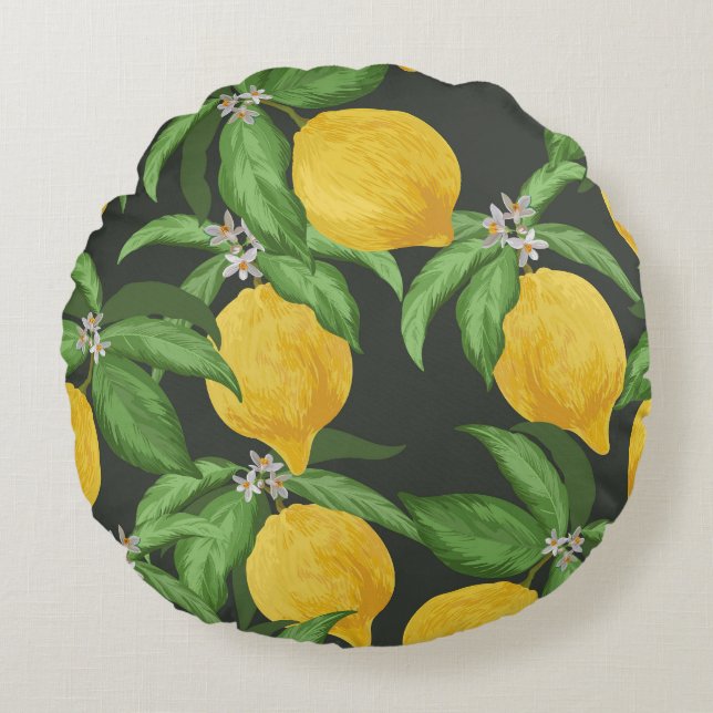 Vintage Lemon Tropical Pattern Round Pillow (Front)