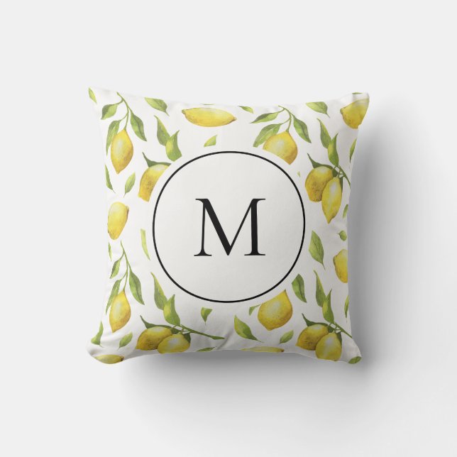Vintage Lemons and Greenery Pattern Monogram Throw Pillow (Front)