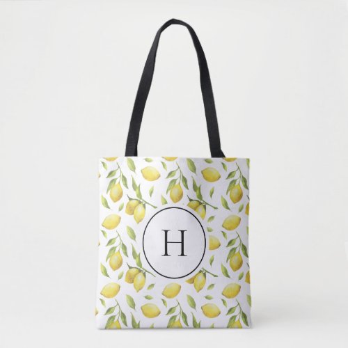 Vintage Lemons and Greenery Pattern Monogram Tote Bag
