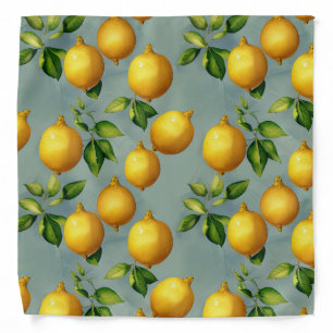 Vintage Lemons and Leaves Art Pattern on Grey Bandana