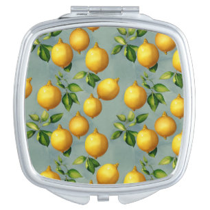 Vintage Lemons and Leaves Art Pattern on Grey Compact Mirror