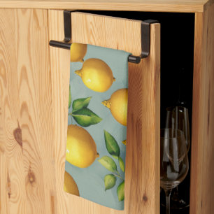 Vintage Lemons and Leaves Art Pattern on Grey Kitchen Towel