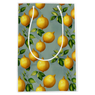 Vintage Lemons and Leaves Art Pattern on Grey Medium Gift Bag