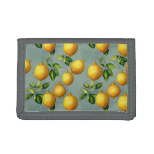Vintage Lemons and Leaves Art Pattern on Grey Tri-fold Wallet