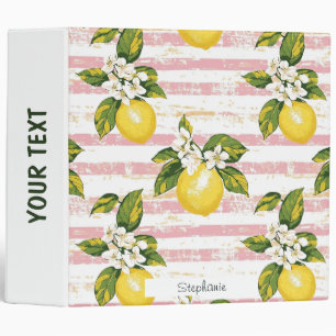 Vintage Lemons & Blooms on Pink and White Stripes 3 Ring Binder