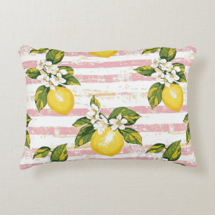 Vintage Lemons & Blooms on Pink and White Stripes Accent Pillow