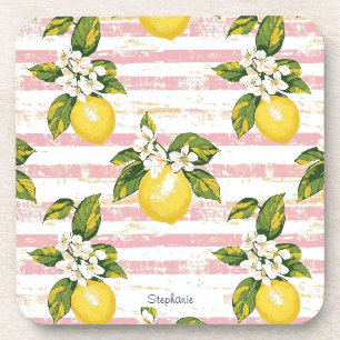 Vintage Lemons & Blooms on Pink and White Stripes Beverage Coaster