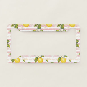 Vintage Lemons & Blooms on Pink and White Stripes License Plate Frame
