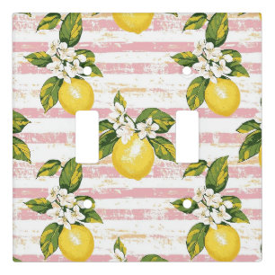 Vintage Lemons & Blooms on Pink and White Stripes Light Switch Cover