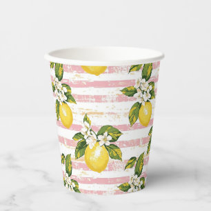 Vintage Lemons & Blooms on Pink and White Stripes Paper Cups