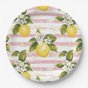 Vintage Lemons & Blooms on Pink and White Stripes Paper Plates