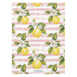 Vintage Lemons & Blooms on Pink and White Stripes Tablecloth