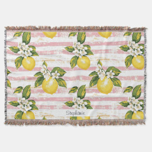 Vintage Lemons & Blooms on Pink and White Stripes Throw Blanket