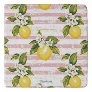 Vintage Lemons & Blooms on Pink and White Stripes Trivet