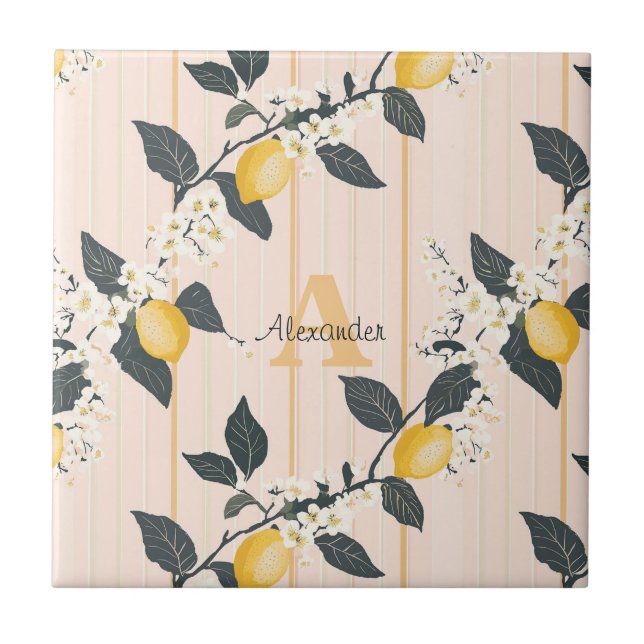 Vintage Lemons & Blooms on Pink Stripes Ceramic Tile (Front)